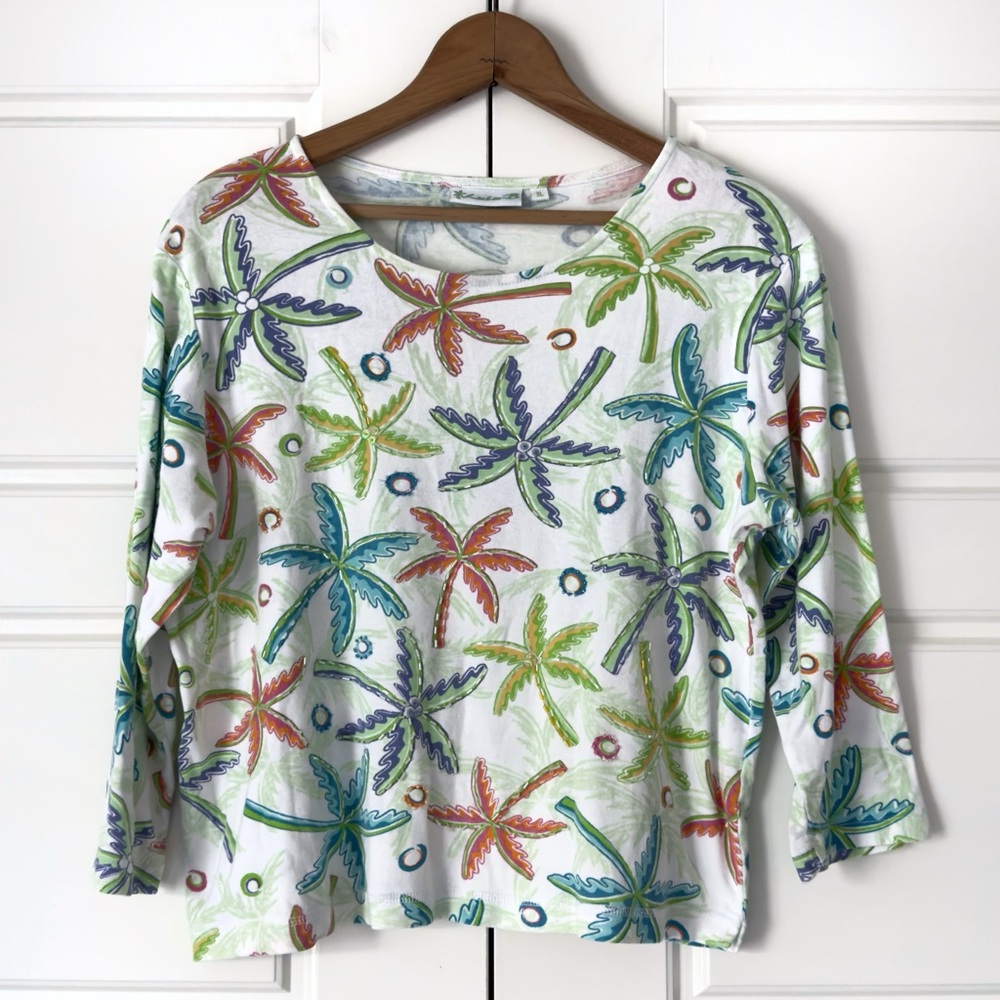 Lulu B Tropical Top Womens XL Beach Palm Trees Beaded  Sequin Resortwear Tshirt